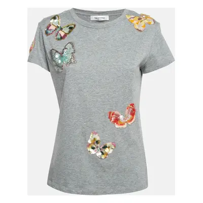 Valentino Grey Sequin Butterfly Applique Cotton T-Shirt