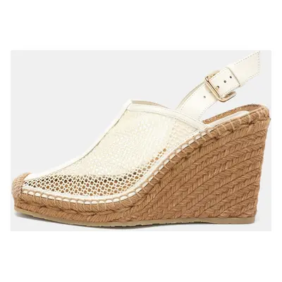 Jimmy Choo Off White Mesh and Leather Dakori Wedge Espadrille Sandals Size