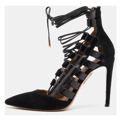 Aquazzura Black Suede and Leather Amazon Ankle Wrap Pumps Size