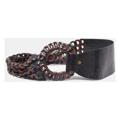 Kenzo Brown/Black Link Leather Round Buckle Waist Belt