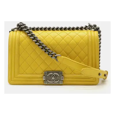 Chanel Leather Yellow Boy Chanel Matelasse Coco Mark Chain Shoulder Bag