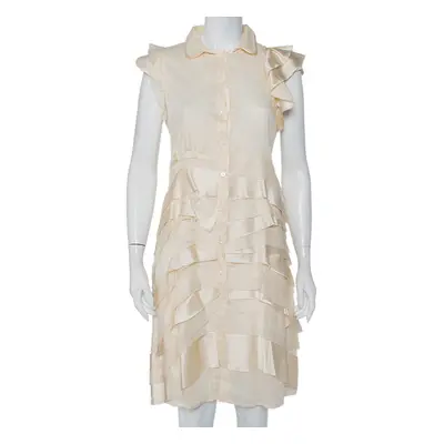 Prada Cream Silk Detachable Collar Detail Ruffled Shirt Dress