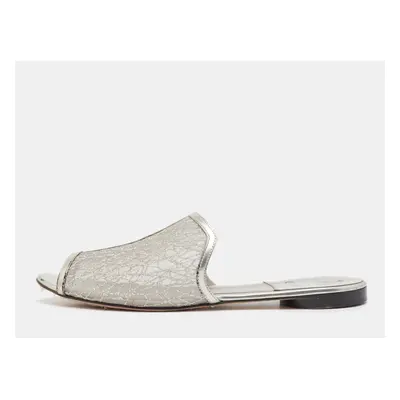 Gina Metallic Grey Glitter Mesh Flat Slides Size 40.5