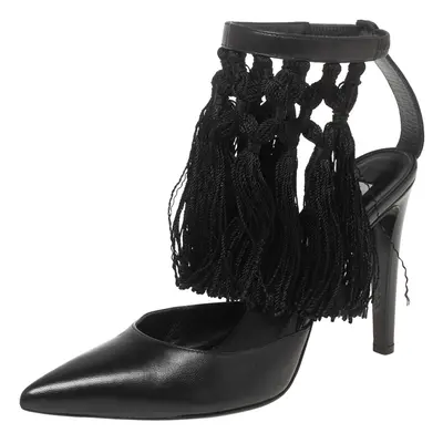 Aquazzura Black Leather Fringe Ankle Strap Sandals Size 38.5