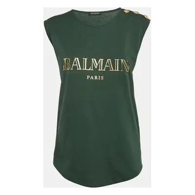 Balmain Green Logo Print Cotton Sleeveless T-Shirt