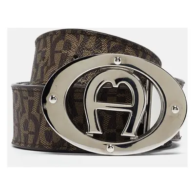 Aigner Dark Brown Monogram Coated Canvas and Leather Logo Belt