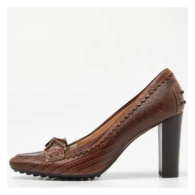 Tod's Brown Croc Embossed Leather Square Toe Loafer Pumps Size 36.5