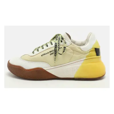 Stella McCartney White/Yellow Faux Leather and Neoprene Loop Low Top Sneakers Size