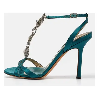 Jimmy Choo Green Satin Crystal Embellished Ankle Strap Sandals Size