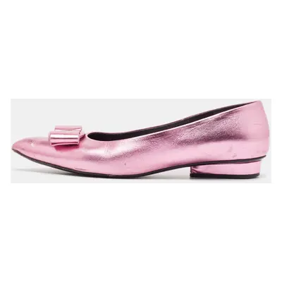 Salvatore Ferragamo Metallic Pink Leather Viva Bow Ballet Flats Size