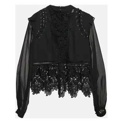 Self-Portrait Black Lace & Crepe Lace-Up Detail Blouse