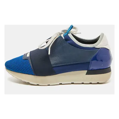 Balenciaga Blue/White Patent,Mesh and Leather Race Runner Sneakers Size