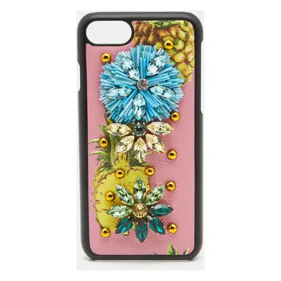 Dolce & Gabbana Pink/Yellow Fruit Print Leather Crystals Embellished iPhone Cover