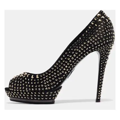 Le Silla Black Satin Crystals Peep Toe Pumps Size