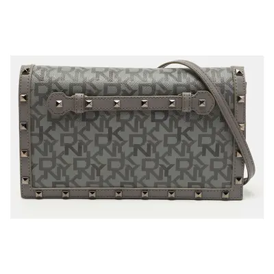 DKNY Grey Signature Coated Canvas Studded Flap Shoulder Bag