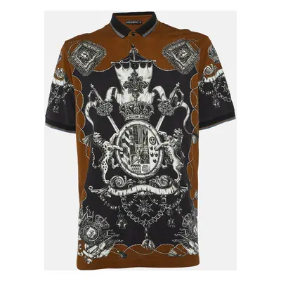 Dolce & Gabbana Brown Crown Print Cotton Pique Polo 3XL