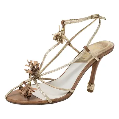 Dior Metallic Gold Woven Leather Strappy Ankle Strap Sandals Size