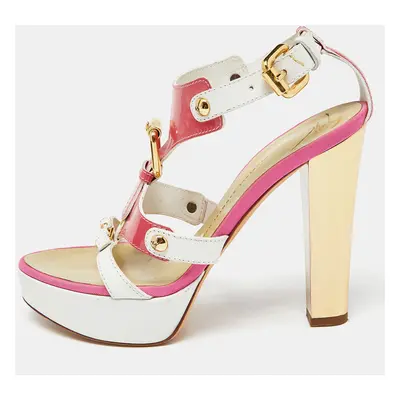 Giuseppe Zanotti Pink/White Patent and Leather Buckle Detail T-Bar Platform Sandals Size