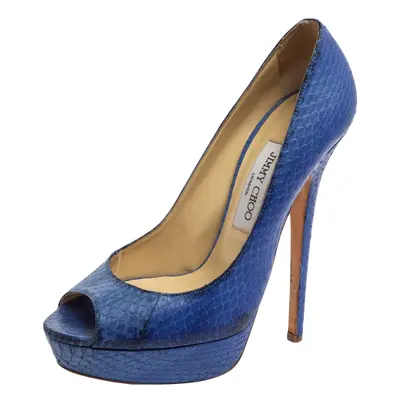 Jimmy Choo Blue Python Embossed Leather Peep Toe Platform Pumps Size