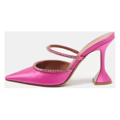 Amina Muaddi Pink Satin Crystal Embellished Gilda Mules Size