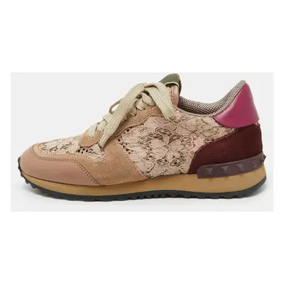 Valentino Beige/Pink Floral Lace and Leather Rockrunner Low Top Sneakers Size