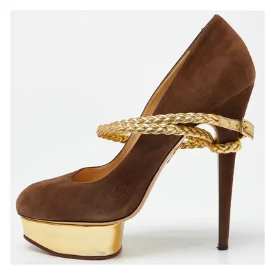 Charlotte Olympia Brown/Gold Suede Dolly Platform Pumps Size