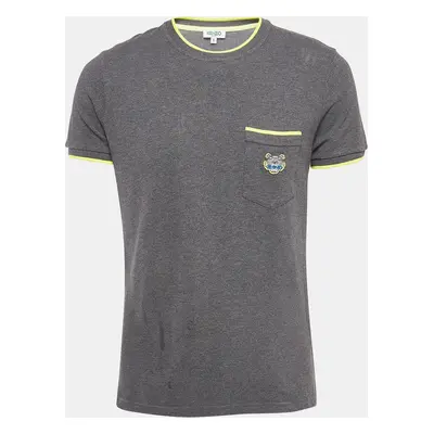 Kenzo Grey/Neon Yellow Cotton Pique Pocket Detail Round Neck T-Shirt