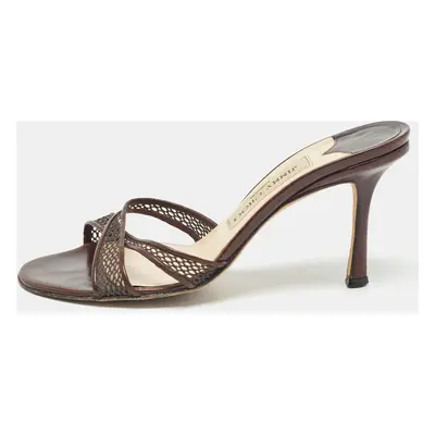 Jimmy Choo Brown Leather Mesh and Leather Slide Sandals Size