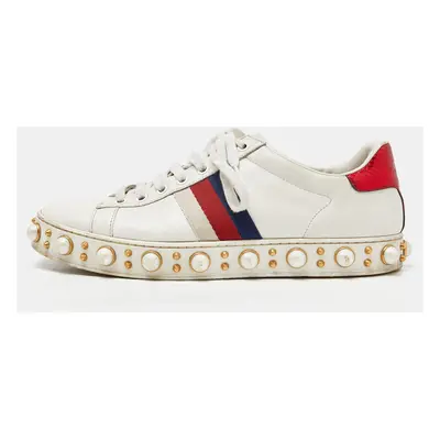 Gucci White Leather Web Detail New Ace Faux Pearl Embellished Low Top Sneakers Size