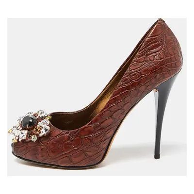 Giuseppe Zanotti Brown Croc Embossed Leather Crystal Embellished Peep Toe Pumps Size