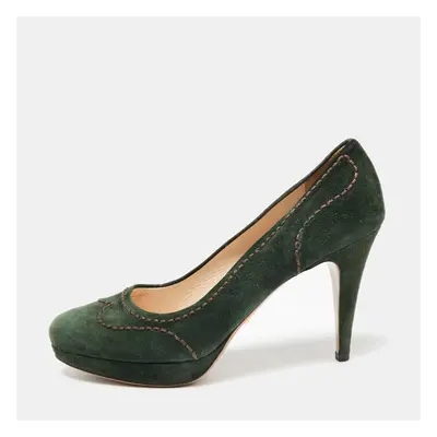 Prada Green Suede Stitch Detail Platform Pumps Size