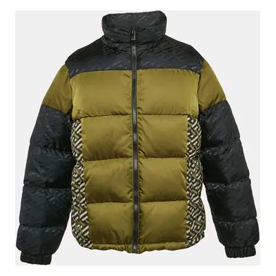 Versace Black/Khaki Logo Print Nylon Colorblock Puffer Coat