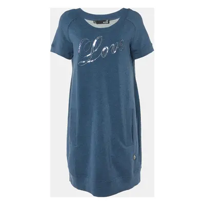 Love Moschino Blue Cotton Knit Sequin logo Embroidered Sweater Mini Dress