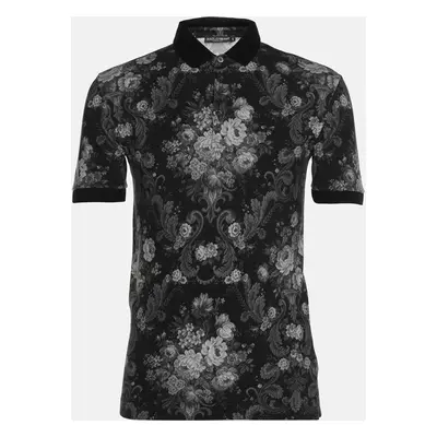 Dolce and Gabbana Black Floral Print Cotton Pique Polo T-Shirt