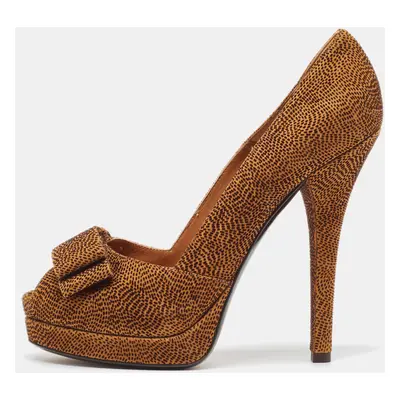 Fendi Brown/Black Textured Suede Bow Peep Toe Pumps Size