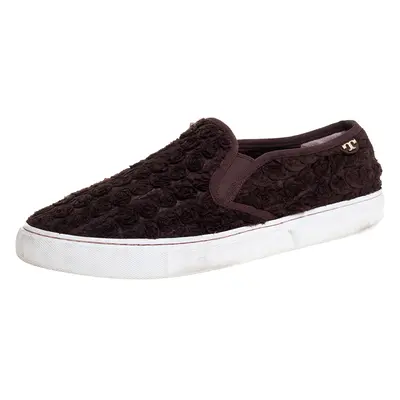 Tory Burch Dark Brown Fabric Rosette Slip On Sneakers Size 40.5