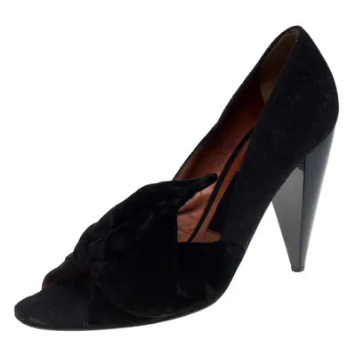 Lanvin Black Felt And Velvet Bow Embellished Open Toe Pumps Size