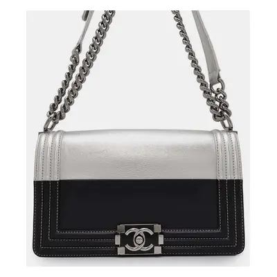 Chanel Black/Silver Leather Boy Chanel Chain Shoulder Bag