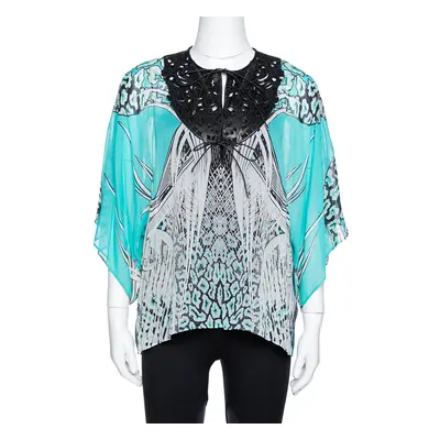 Roberto Cavalli Turquoise Blue Printed Silk Leather Trim Kaftan Top