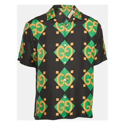 Gucci Black Geometric Logo Print Silk Short Sleeve Shirt