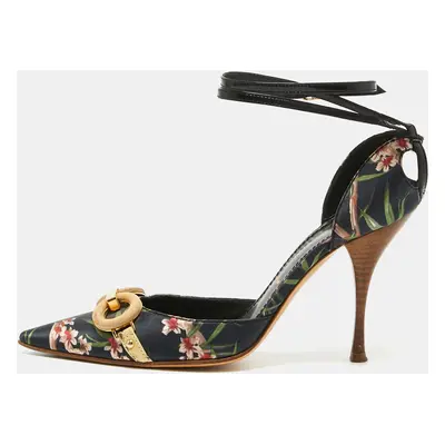 Casadei Black Floral Print Satin Ankle Strap Pumps Size