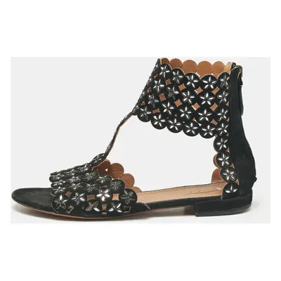 Alaia Black Laser Cut Suede Crystal Embellished Flat Sandals Size