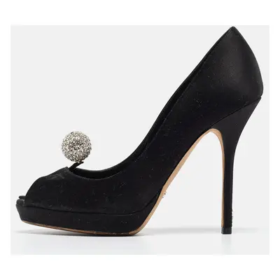 Dior Black Satin Crystal Embellished Disco Ball Peep Toe Pumps Size 37.5