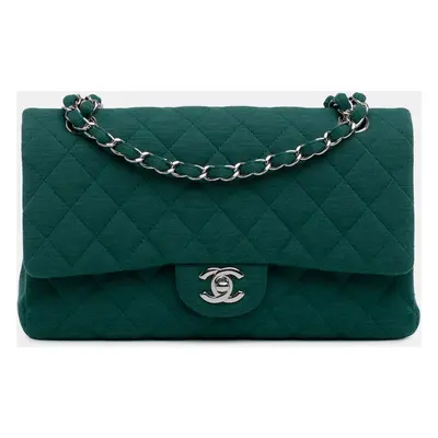 Chanel Green Cotton Medium Classic Jersey Double Flap Bag