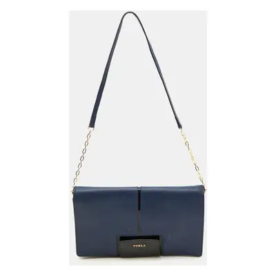 Furla Blue/Black Leather Flap Chain Shoulder Bag