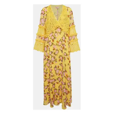 Giamba Yellow Floral Print Chiffon and Lace Cut-Out Maxi Dress