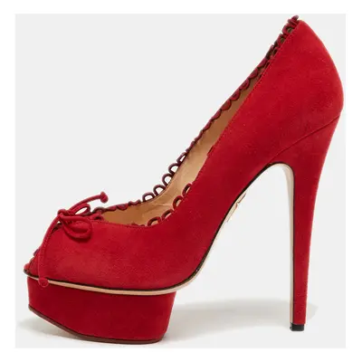 Charlotte Olympia Red Suede Daphne Scalloped Trim Peep Toe Platform Pumps Size 40.5