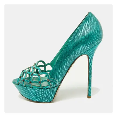 Sergio Rossi Green Laser Cut Lizard Embossed Leather Platform Pumps Size