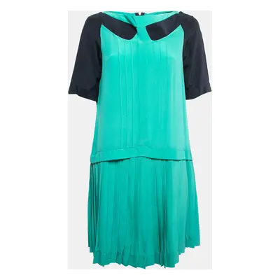 Victoria Victoria Beckham Green/Navy Blue Silk Pleated Mini Dress