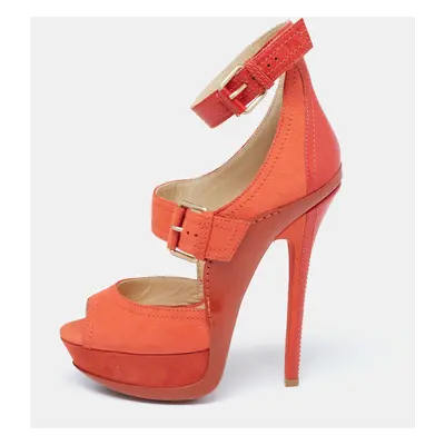 Jimmy Choo Orange Leather And Nubuck Platform Peep Toe Sandals Size